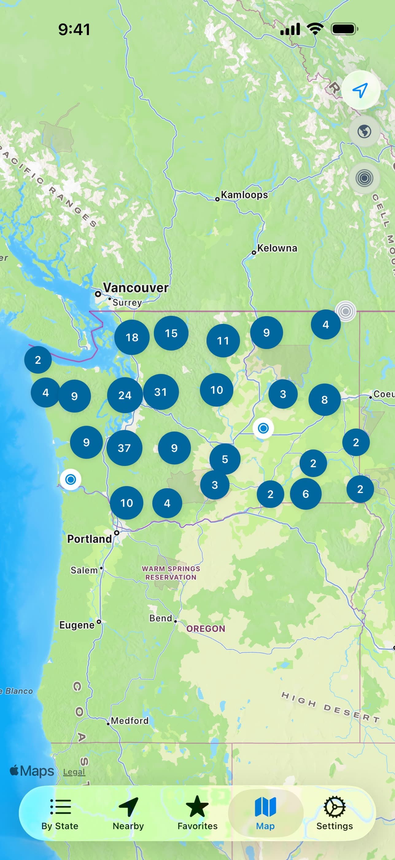 Map of USGS gauges across Washington and Oregon